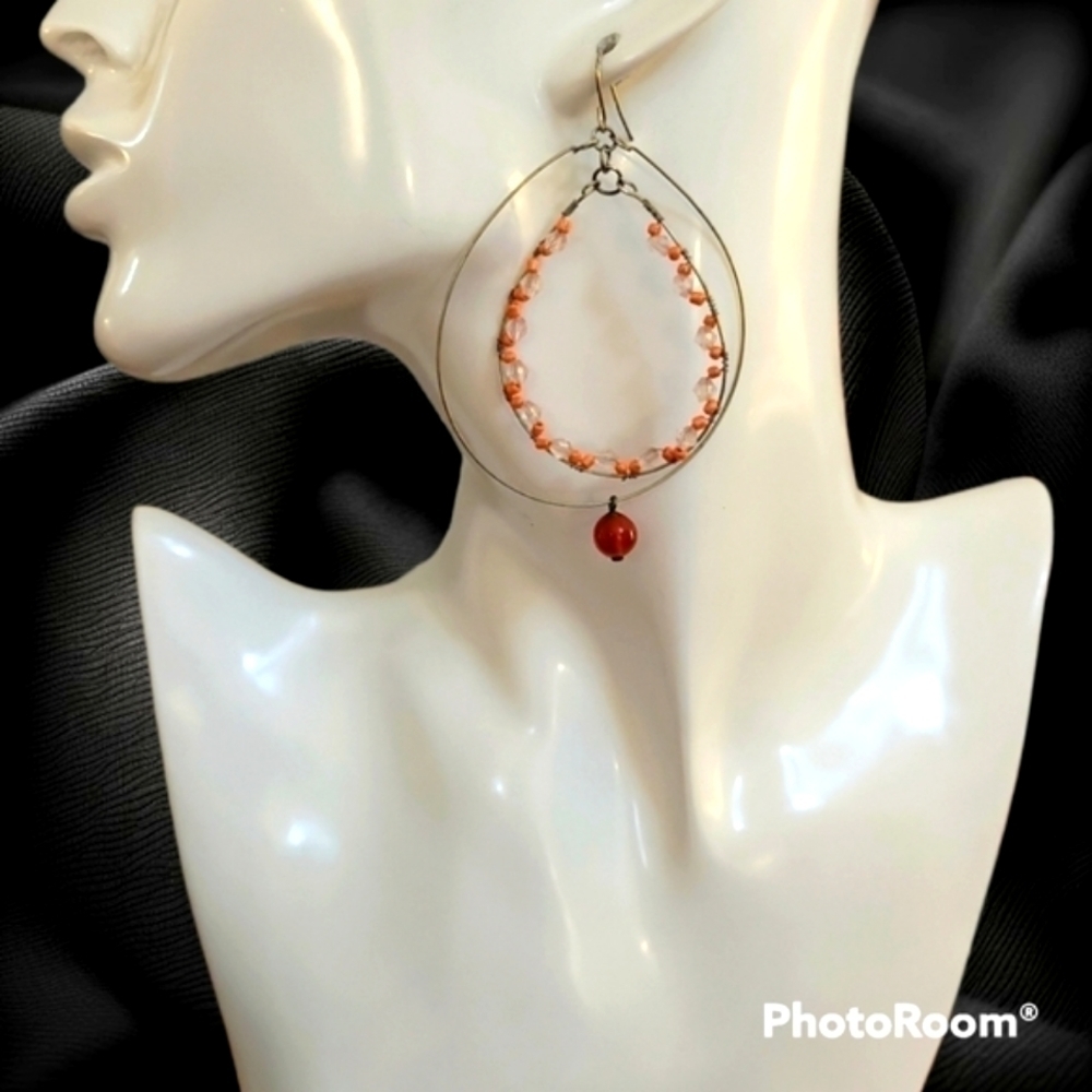 3/$30 Handmade Orange Beaded Teardrop Flamenco Hoop Dangle Nebula Earrings
